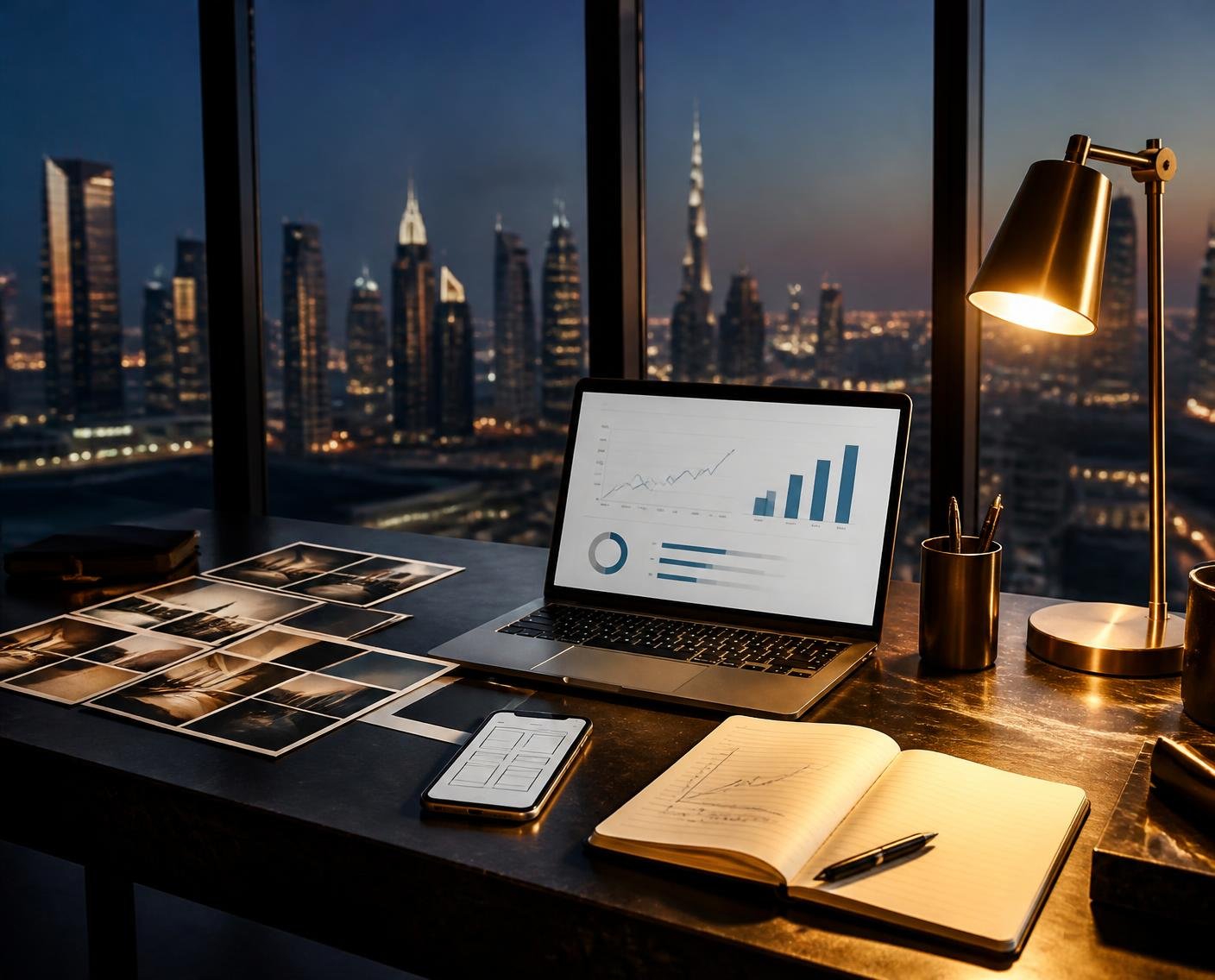 Laptop showing a growth chart on a desk overlooking the city